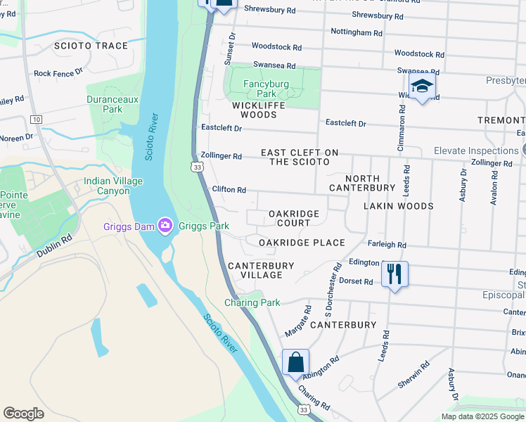 map of restaurants, bars, coffee shops, grocery stores, and more near 2828 Churchill Drive in Upper Arlington