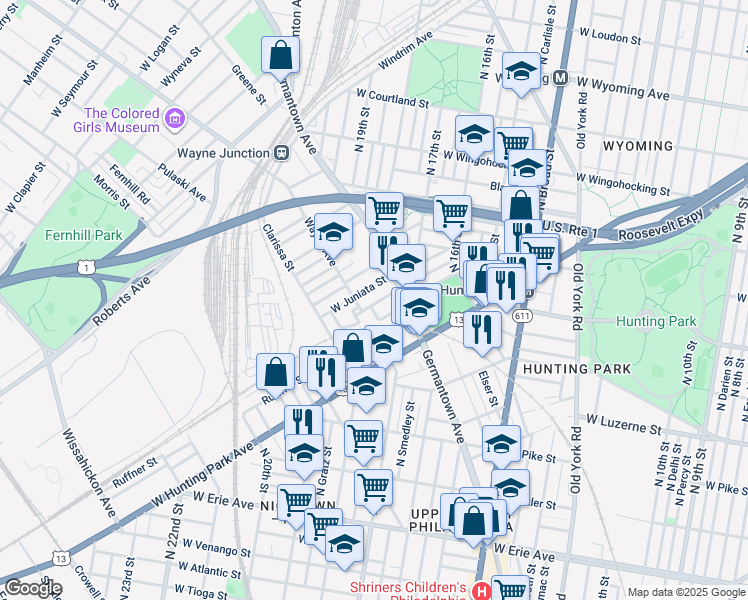 map of restaurants, bars, coffee shops, grocery stores, and more near 1727 Dounton Street in Philadelphia