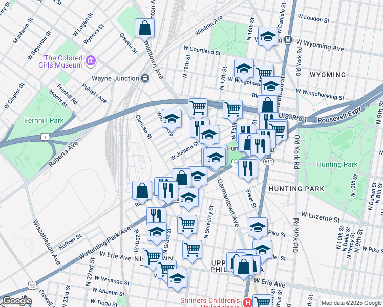 map of restaurants, bars, coffee shops, grocery stores, and more near 1729 Dounton Street in Philadelphia