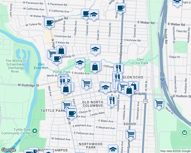 map of restaurants, bars, coffee shops, grocery stores, and more near 2644 Medary Avenue in Columbus