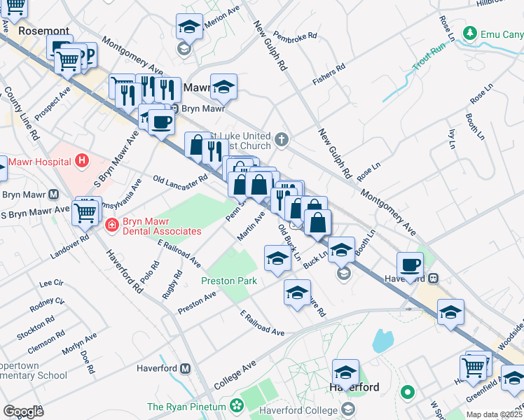 map of restaurants, bars, coffee shops, grocery stores, and more near 898 Martin Avenue in Bryn Mawr
