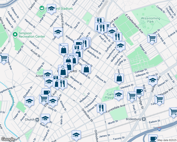 map of restaurants, bars, coffee shops, grocery stores, and more near 1688 Fillmore Street in Philadelphia