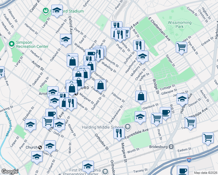 map of restaurants, bars, coffee shops, grocery stores, and more near 4843 Duffield Street in Philadelphia