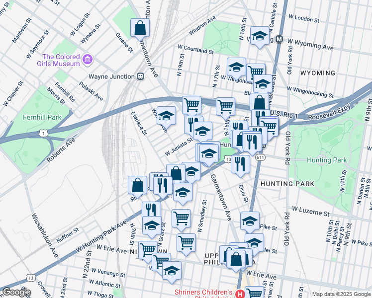 map of restaurants, bars, coffee shops, grocery stores, and more near 1727 Dounton Street in Philadelphia
