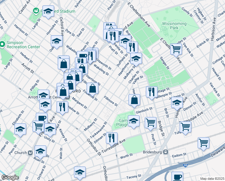 map of restaurants, bars, coffee shops, grocery stores, and more near 1727 Harrison Street in Philadelphia
