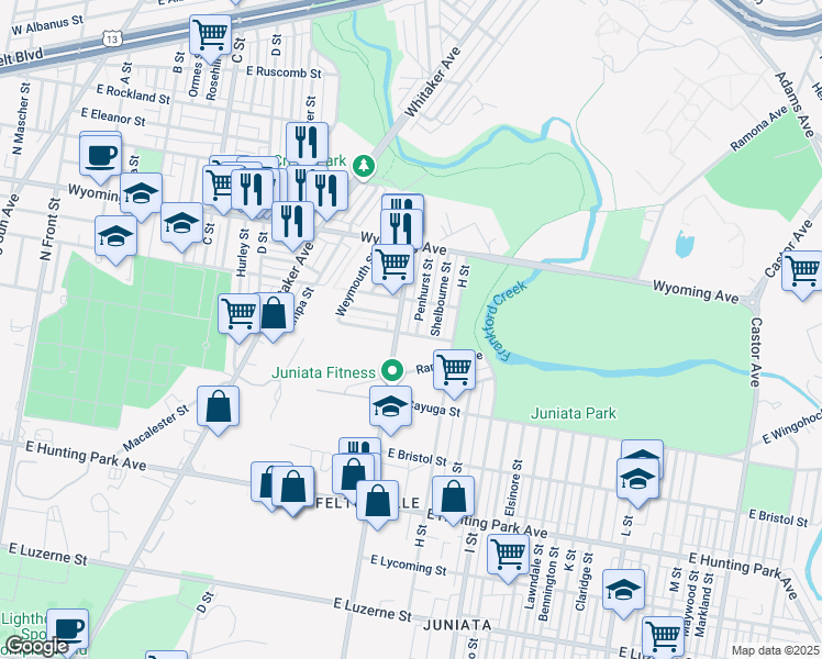 map of restaurants, bars, coffee shops, grocery stores, and more near 4559 G Street in Philadelphia