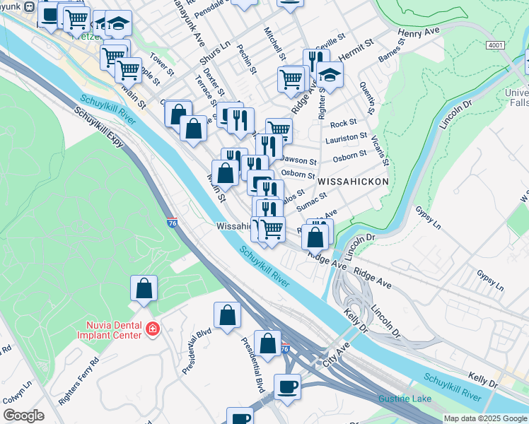 map of restaurants, bars, coffee shops, grocery stores, and more near 3715 Main Street in Philadelphia