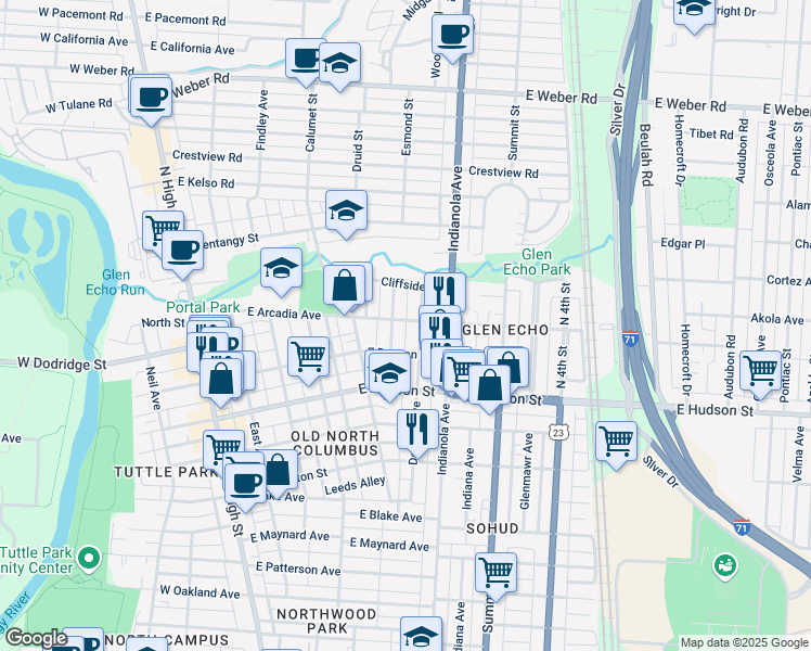 map of restaurants, bars, coffee shops, grocery stores, and more near 2640 Dayton Avenue in Columbus