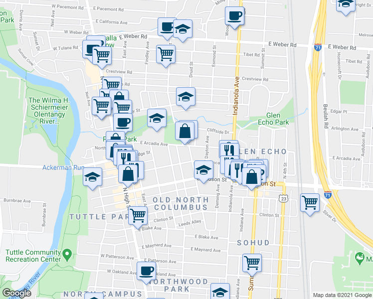 map of restaurants, bars, coffee shops, grocery stores, and more near 2644 Medary Avenue in Columbus