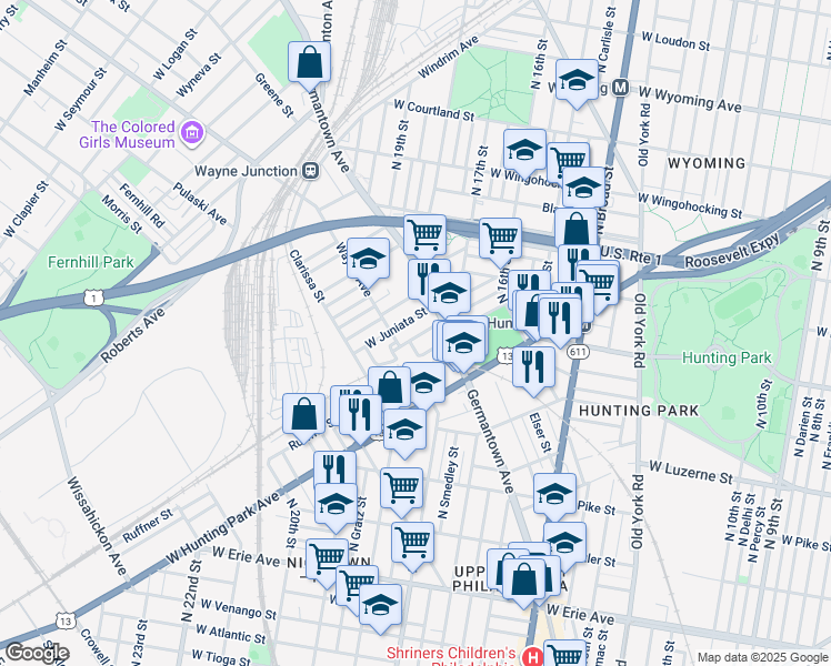 map of restaurants, bars, coffee shops, grocery stores, and more near 1721 Dounton Street in Philadelphia
