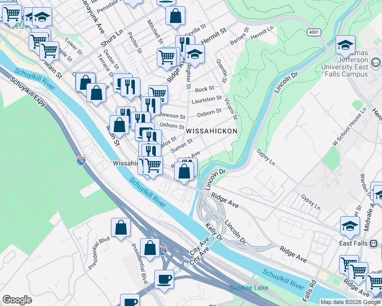 map of restaurants, bars, coffee shops, grocery stores, and more near 117 Rochelle Avenue in Philadelphia
