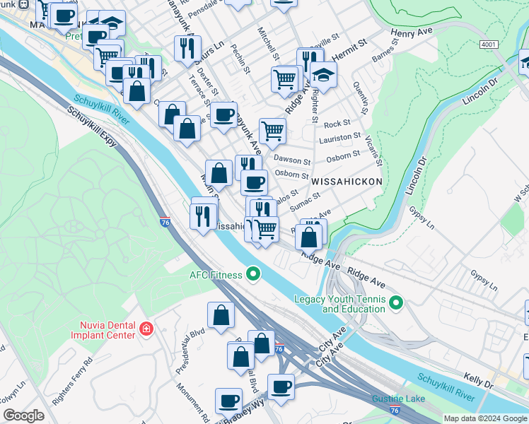 map of restaurants, bars, coffee shops, grocery stores, and more near 5117 Rochelle Avenue in Philadelphia