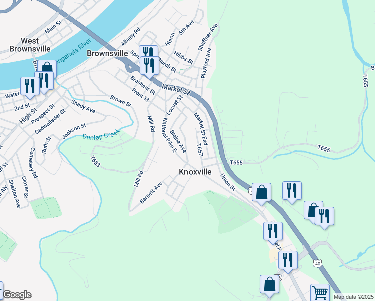 map of restaurants, bars, coffee shops, grocery stores, and more near 113 Woodward Avenue in Brownsville