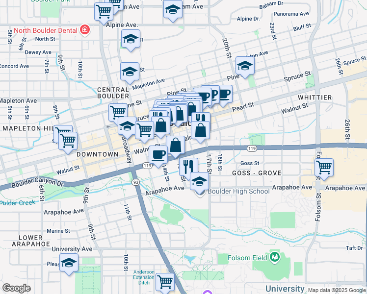 map of restaurants, bars, coffee shops, grocery stores, and more near 1820 15th St in Boulder