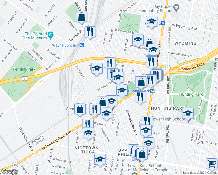 map of restaurants, bars, coffee shops, grocery stores, and more near 1723 Dounton Street in Philadelphia