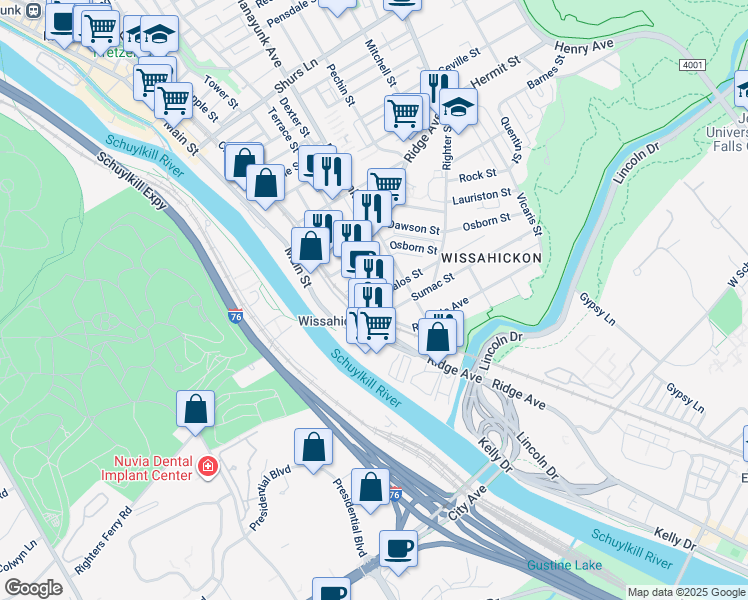 map of restaurants, bars, coffee shops, grocery stores, and more near 5117 Rochelle Avenue in Philadelphia