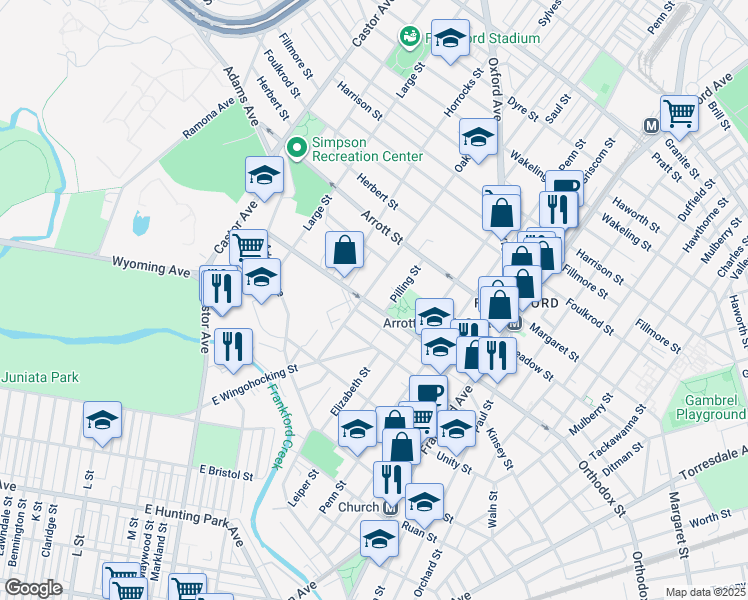 map of restaurants, bars, coffee shops, grocery stores, and more near 1301 Orthodox Street in Philadelphia