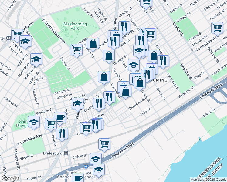 map of restaurants, bars, coffee shops, grocery stores, and more near 4604 Van Kirk Street in Philadelphia