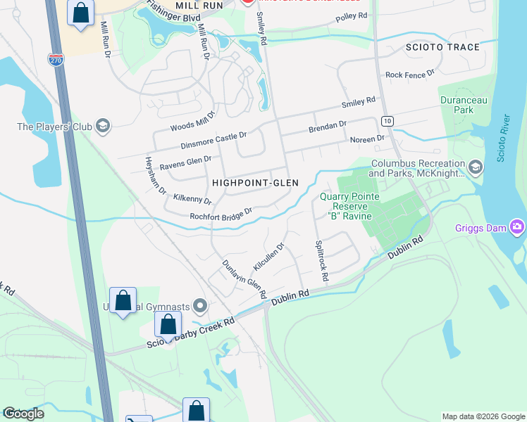 map of restaurants, bars, coffee shops, grocery stores, and more near 3092 Downhill Drive in Columbus