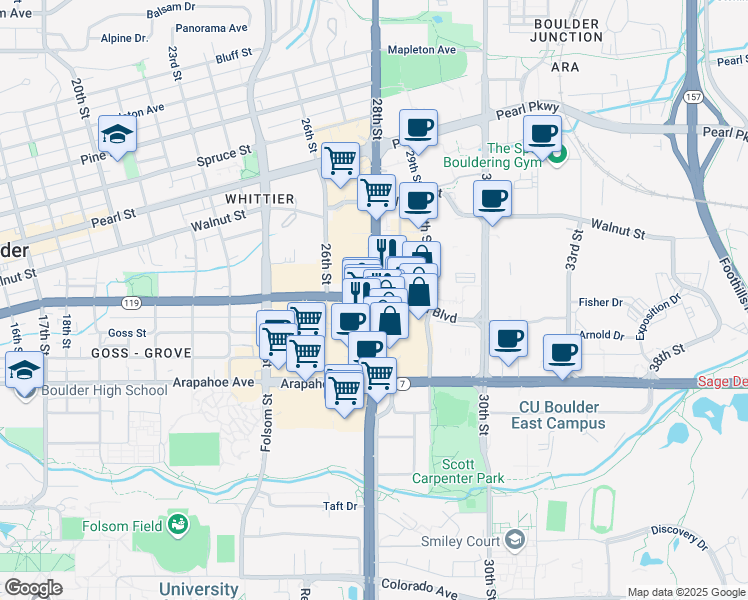 map of restaurants, bars, coffee shops, grocery stores, and more near 28th Street & Canyon Boulevard in Boulder