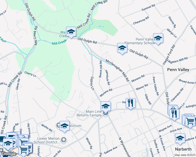 map of restaurants, bars, coffee shops, grocery stores, and more near 240 Beech Hill Road in Wynnewood