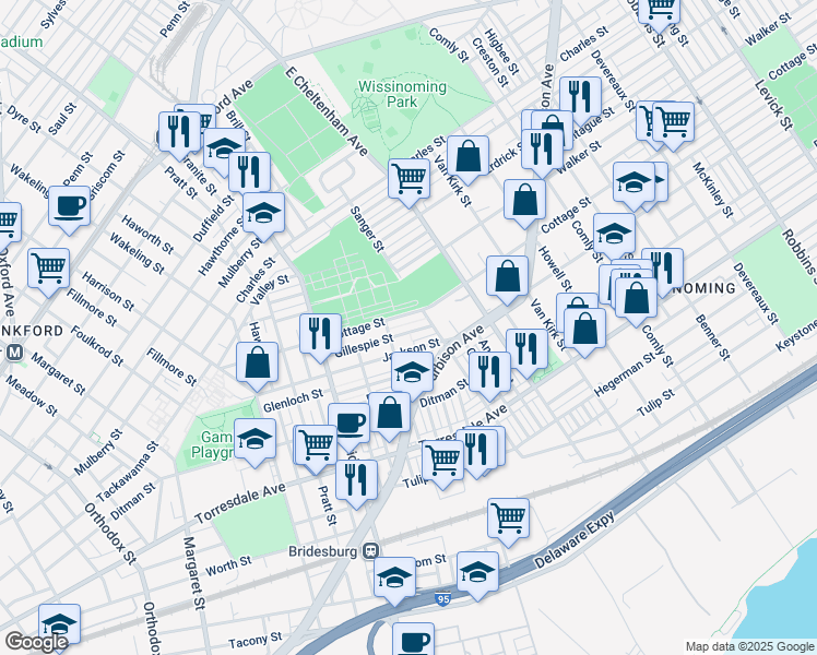 map of restaurants, bars, coffee shops, grocery stores, and more near 5324 Gillespie St in Philadelphia