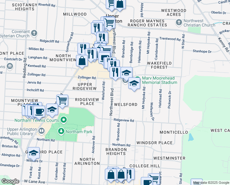 map of restaurants, bars, coffee shops, grocery stores, and more near 2935 Brandon Road in Upper Arlington
