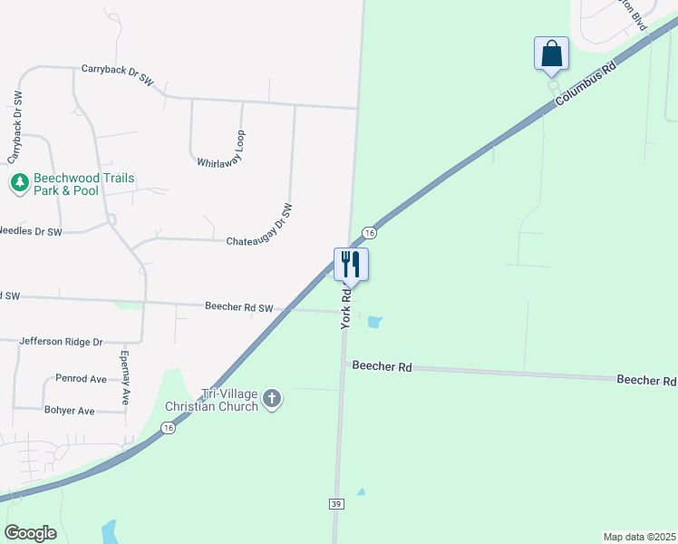 map of restaurants, bars, coffee shops, grocery stores, and more near 7032 Broad Street Southwest in Pataskala