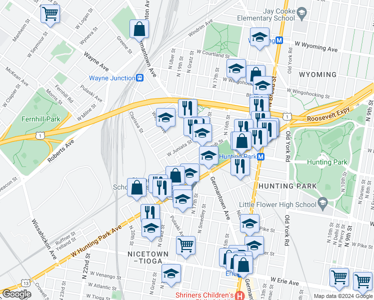 map of restaurants, bars, coffee shops, grocery stores, and more near 1721 Dounton Street in Philadelphia