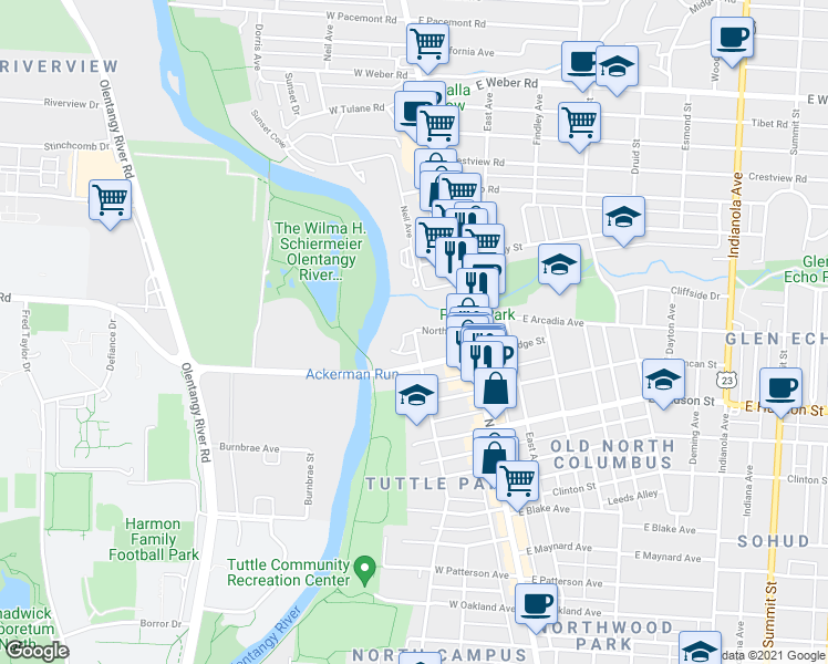map of restaurants, bars, coffee shops, grocery stores, and more near Neil Ave & North St in Columbus