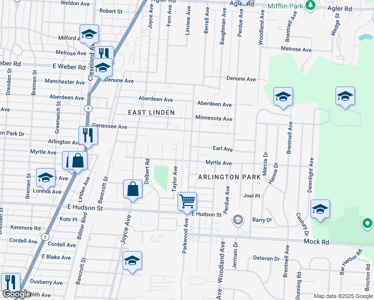 map of restaurants, bars, coffee shops, grocery stores, and more near 2409 Parkwood Avenue in Columbus