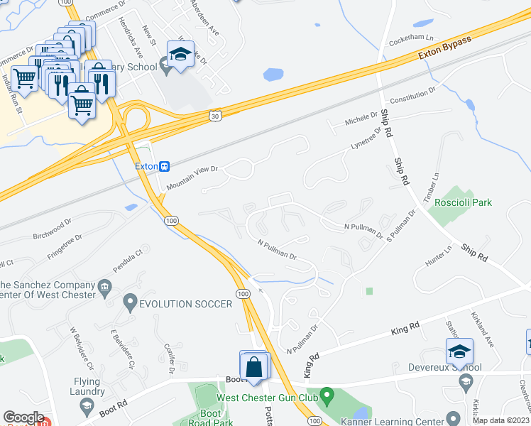 map of restaurants, bars, coffee shops, grocery stores, and more near 526 Astor Square in West Chester