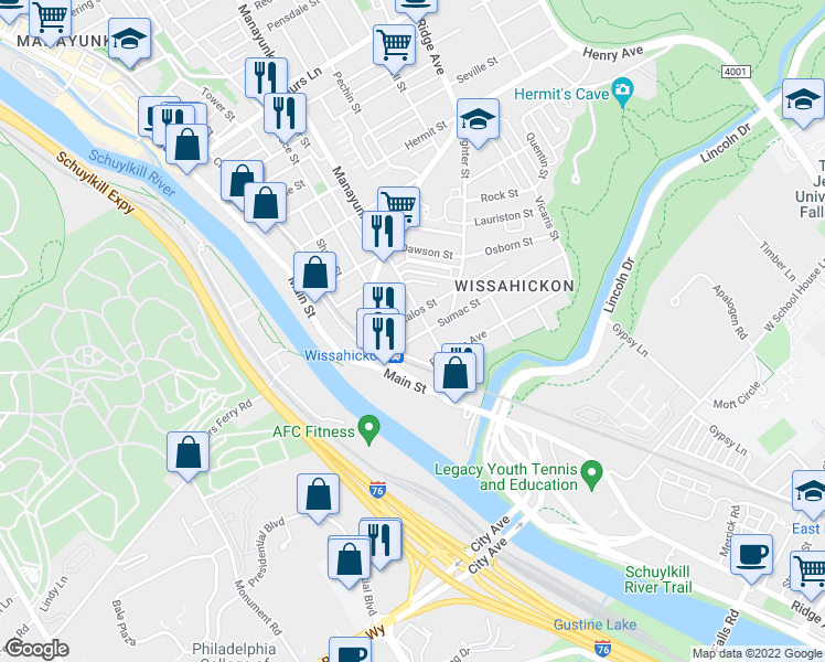 map of restaurants, bars, coffee shops, grocery stores, and more near 123 Sumac St in Philadelphia