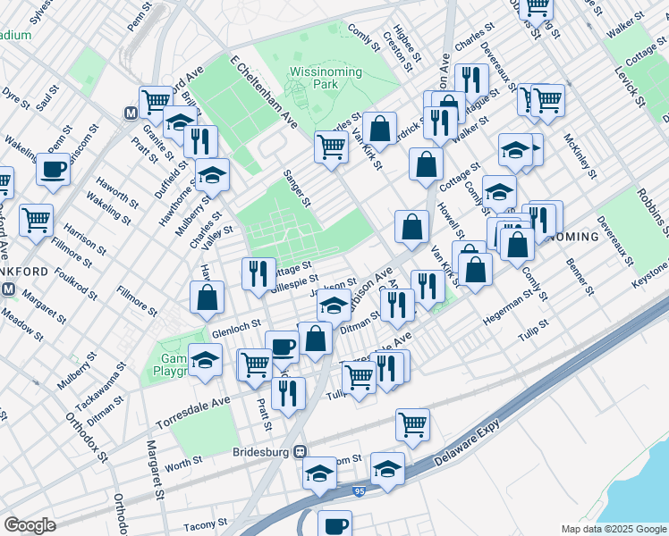 map of restaurants, bars, coffee shops, grocery stores, and more near 5330 Gillespie Street in Philadelphia