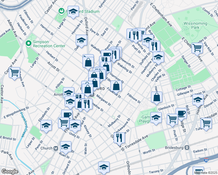 map of restaurants, bars, coffee shops, grocery stores, and more near 1647 Foulkrod Street in Philadelphia