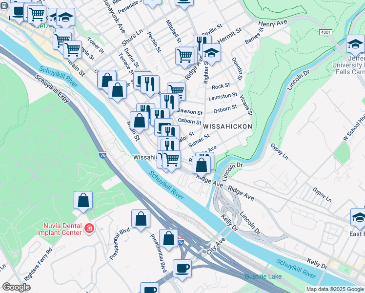 map of restaurants, bars, coffee shops, grocery stores, and more near 123 Sumac St in Philadelphia