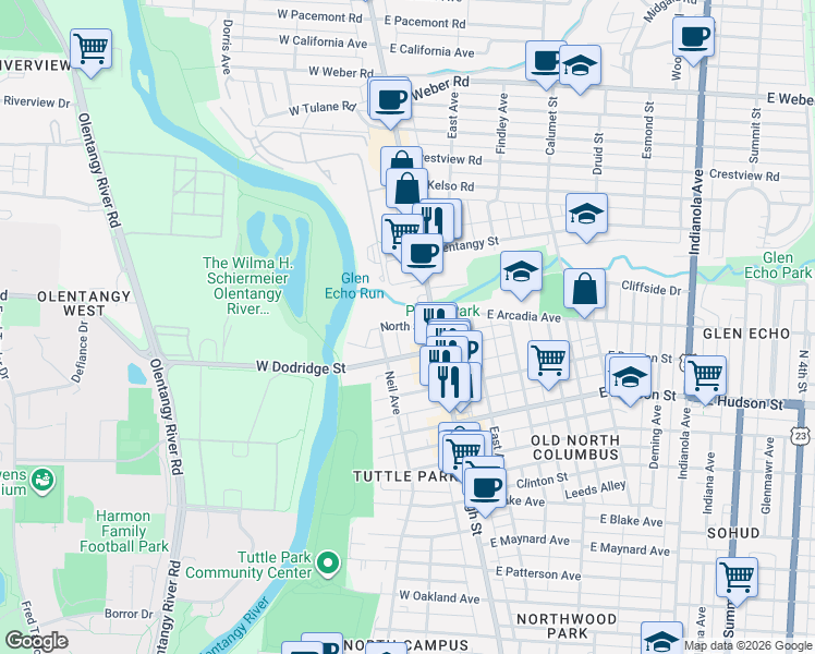 map of restaurants, bars, coffee shops, grocery stores, and more near 39 North Street in Columbus