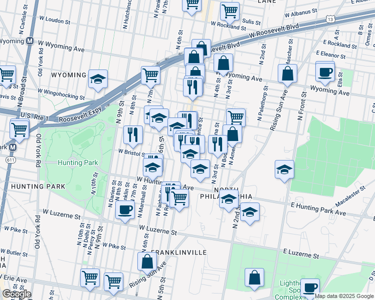 map of restaurants, bars, coffee shops, grocery stores, and more near 4327 North 5th Street in Philadelphia