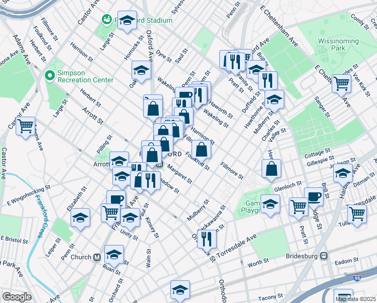 map of restaurants, bars, coffee shops, grocery stores, and more near 1645 Foulkrod Street in Philadelphia