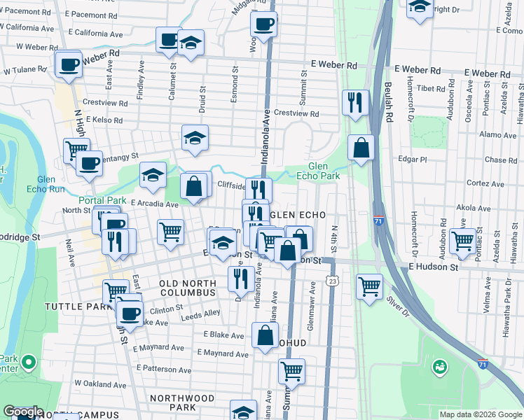 map of restaurants, bars, coffee shops, grocery stores, and more near Indianola Ave & Arcadia Ave in Columbus