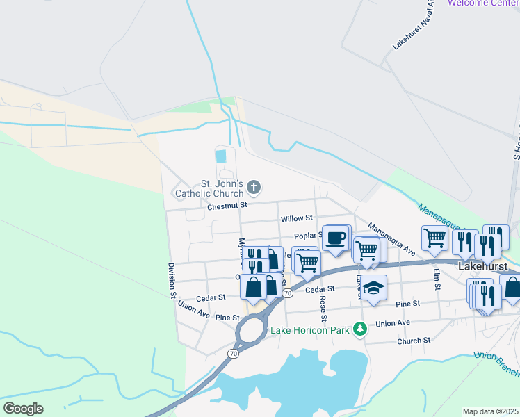 map of restaurants, bars, coffee shops, grocery stores, and more near 605 Willow Street in Lakehurst