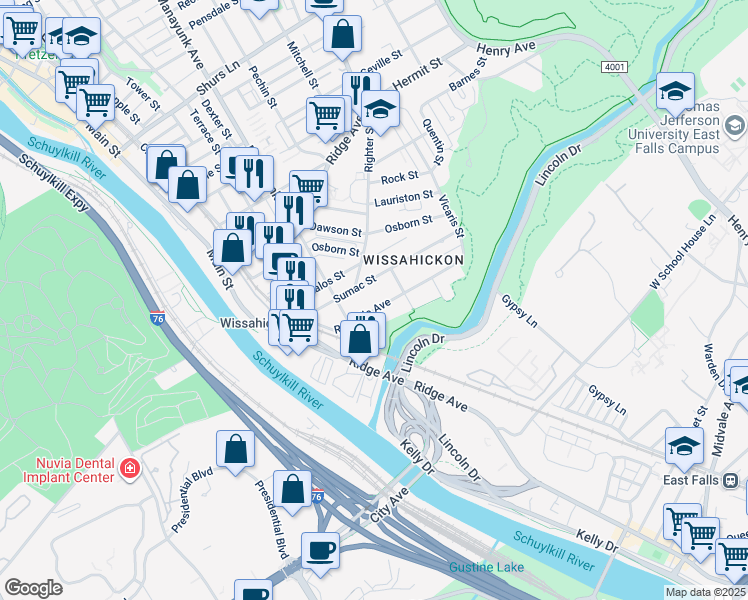 map of restaurants, bars, coffee shops, grocery stores, and more near 119 Rochelle Avenue in Philadelphia