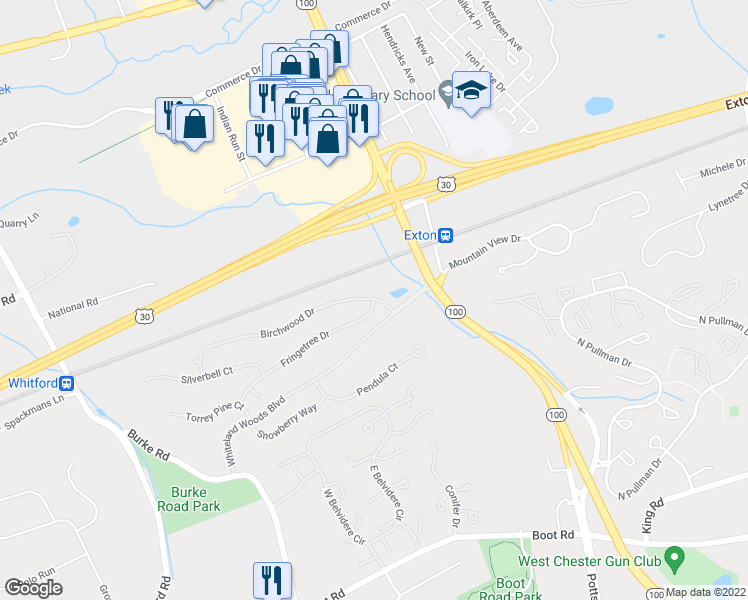 map of restaurants, bars, coffee shops, grocery stores, and more near 4 Fringetree Drive in West Chester