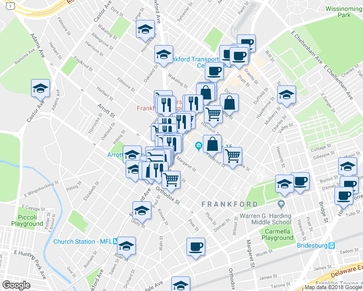 map of restaurants, bars, coffee shops, grocery stores, and more near 4729 Frankford Avenue in Philadelphia