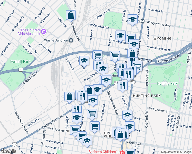 map of restaurants, bars, coffee shops, grocery stores, and more near 1717 Dounton Street in Philadelphia