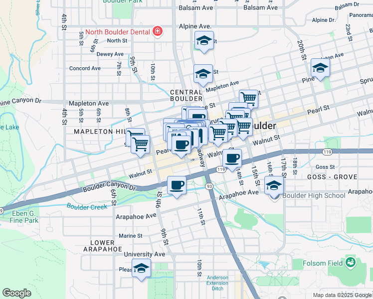 map of restaurants, bars, coffee shops, grocery stores, and more near in Boulder