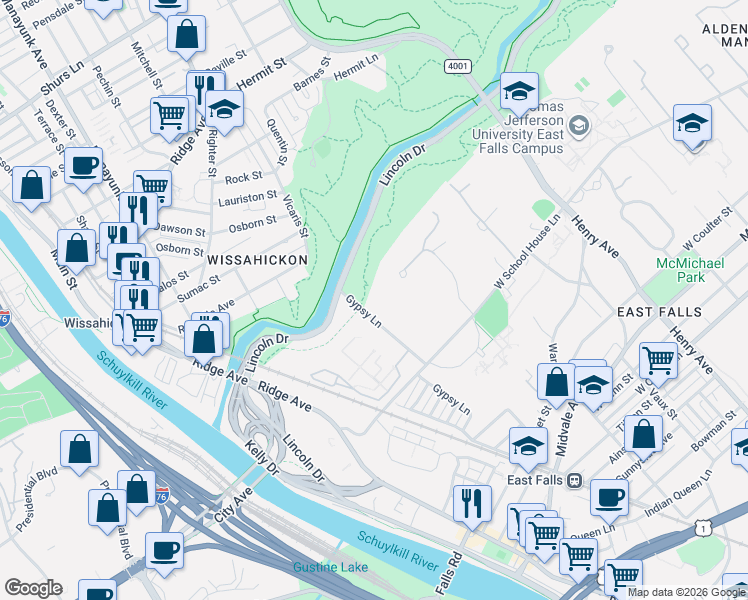 map of restaurants, bars, coffee shops, grocery stores, and more near 4111 Gypsy Lane in Philadelphia