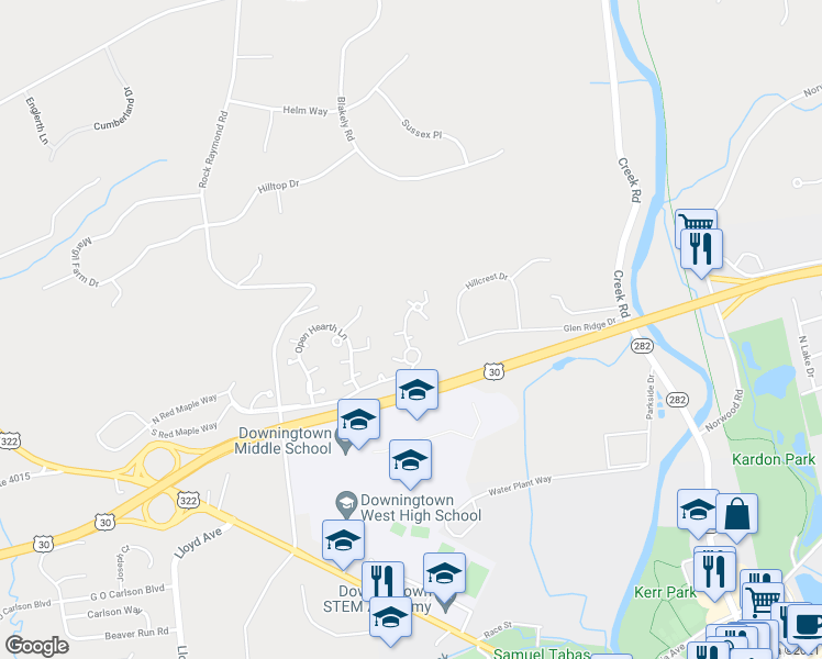 map of restaurants, bars, coffee shops, grocery stores, and more near 4002 Andiron Trail in Downingtown
