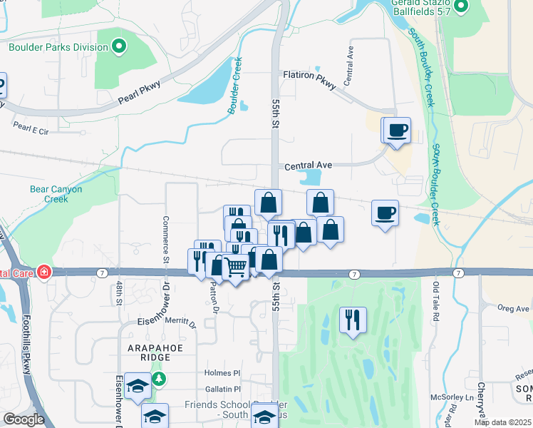 map of restaurants, bars, coffee shops, grocery stores, and more near 5445 Conestoga Court in Boulder