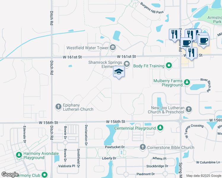 map of restaurants, bars, coffee shops, grocery stores, and more near 1046 West 156th Street in Westfield